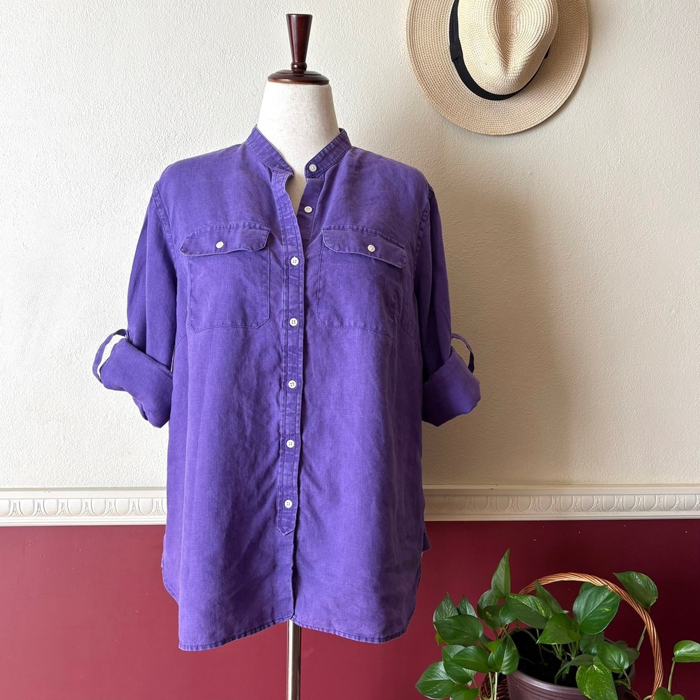 Lauren Ralph Lauren 100% Linen Utility Top 1X Purple Band Collar Roll Tab Shirt